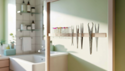 The hack of using a magnetic strip inside a bathroom cabinet door to store bobby pins and tweezers